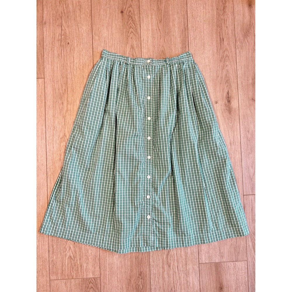 VINTAGE Eagles Eye Collectibles Green Gingham Button Front Midi Skirt Cotton L